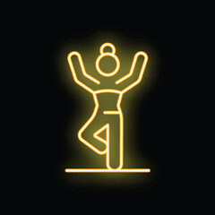 Neon sign of a woman standing on one leg with arms raised, practicing a yoga pose