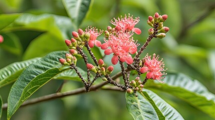 Pink tropical flowers blooming in lush green foliage