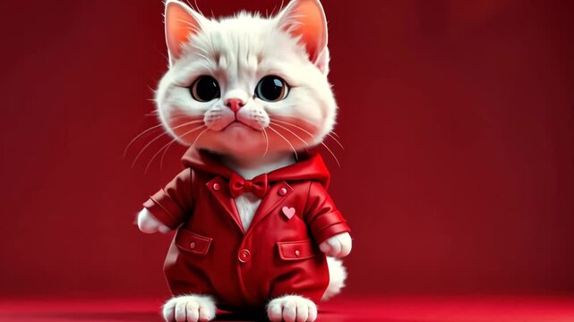 Animated white kitten wearing a red jacket expressing different emotions against a red background