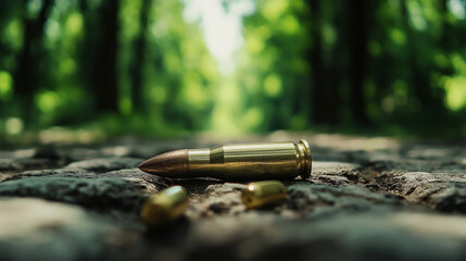 A close-up of a .223 Remington cartridge case lying on a stone path, its highly reflective brass surface contrasting with the rugged, textured stone, framed by a blurred green fore