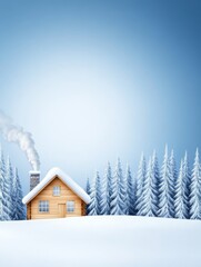 Naklejka premium A Serene Winter Cabin Landscape - Peaceful winter scene, cozy cabin, snow-covered trees, tranquil atmosphere, symbolizes serenity, warmth, and escape.