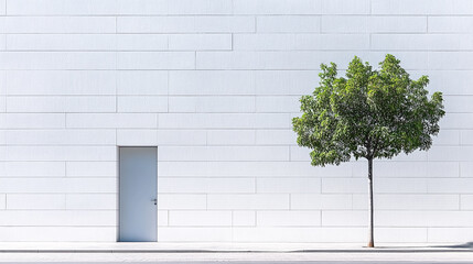 Minimalist composition with a white wall, a door, and a single tree beside it