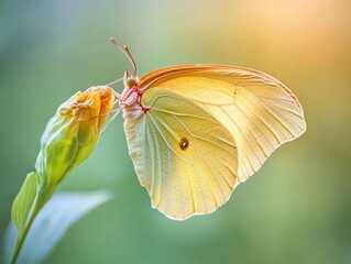 Yellow butterfly on flower bud, garden, sunlight. Nature photography for websites, prints