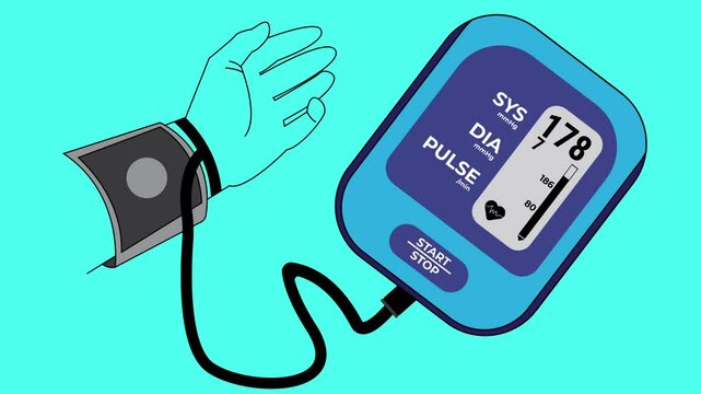 tensiometer, blood pressure monitor, A portable blood pressure monitor depicted in a vector illustration animation style, emphasizing health care and medical concepts, rendered in high-quality 4K.