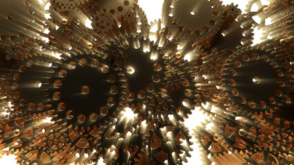 3d Illustration of a mechanism made of many gears and the light rays shining through the cogwheels