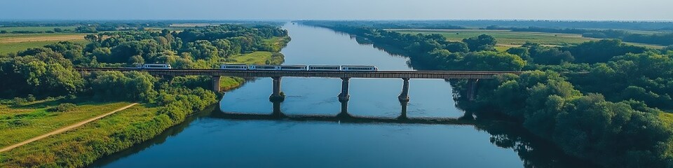 Obraz premium Aerial view of a railway bridge spanning wide river. Sleek tracks and supports blend seamlessly with surrounding nature, trains moving both directions under clear blue sky.