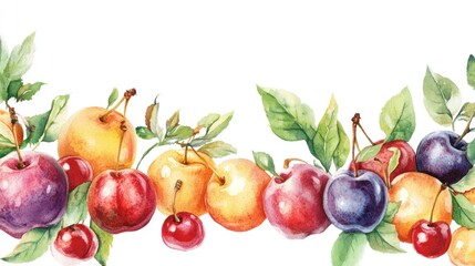 Watercolor painting of assorted ripe cherries and plums with green leaves.