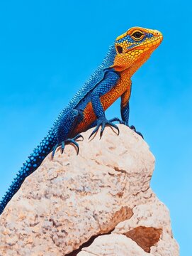 A Vibrant Calango Lizard on a Rock - A vibrant calango lizard, symbolizing freedom, resilience, nature, adaptation, and the beauty of the wild, perches majestically on a sun-baked rock against a clear