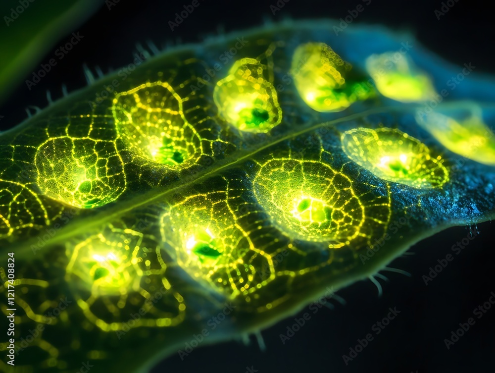 Poster close-up view of bioluminescent patterns on leaf surface, showcasing intricate detail of natural glo