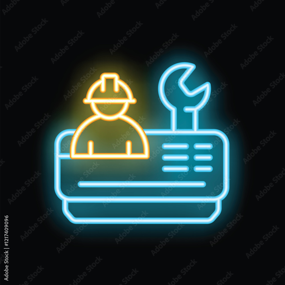 Poster neon icon showing a construction worker managing a project on a computer, with a wrench symbolizing 
