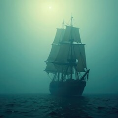Ancient frigate sails into dense fog, masts silhouetted , waves, atmosphere, rigging
