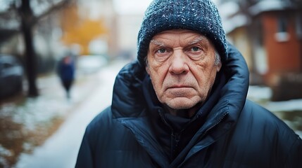 Elderly caucasian male in winter clothing on snowy street