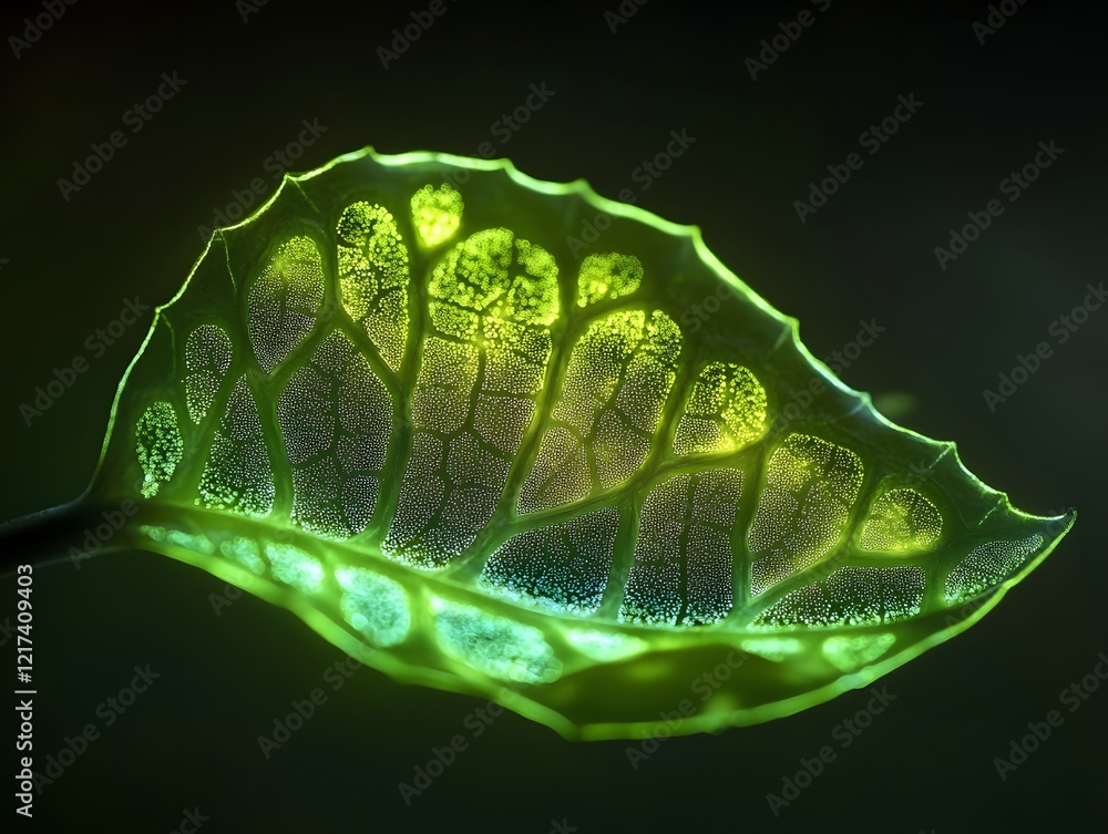 Poster Intricate Patterns of a Backlit Leaf Highlighting Nature's Design and the Beauty of Botanical Structures in Soft Green and Yellow Hues