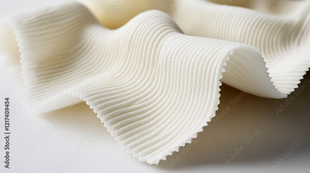 Poster close-up of textured white fabric draping elegantly, showcasing intricate wave patterns and shadows