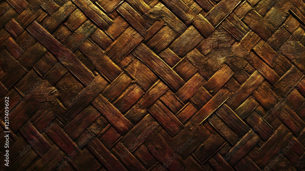 Poster close-up view of a textured woven wall panel showcasing intricate patterns and rich colors
