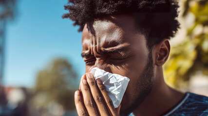 Black man sneezes into a tissue outdoors while experiencing allergy symptoms
