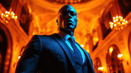 Obraz premium confident bodyguard in suit stands in grand hall with warm lighting