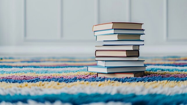 colorful stack of books on vibrant rug for cozy reading nook