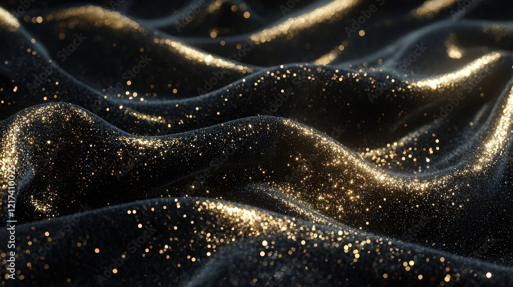 Aufkleber shimmering black fabric with gold glitter sparkles in wave patterns under soft light for elegant bac