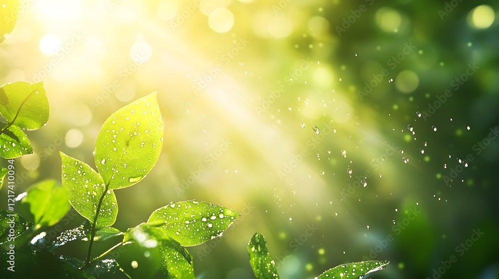 Poster fresh green leaves with water drops in soft sunlight creating a serene and natural atmosphere in a l