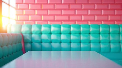 modern retro cafe interior with colorful upholstery and bright walls