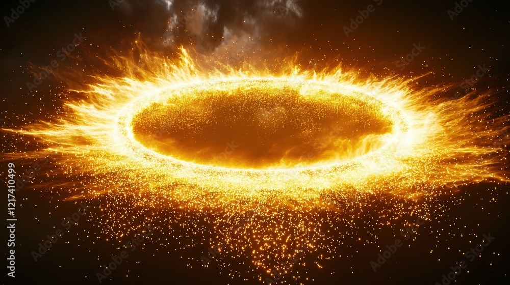 Poster bright circular explosion effect with fiery particles and dramatic background in dark space environm