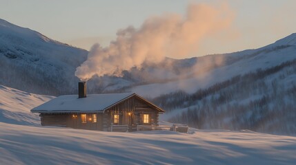 Cozy wooden cabin in snowy mountains at sunrise, emitting warm smoke from its chimney.