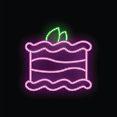 Neon sign illustrating a delicious cake with icing and leaves, perfect for bakery or food related businesses