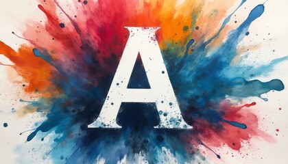 A striking visual featuring a large, white letter A at the center, surrounded by an explosion of vibrant colors in shades of red, orange, blue, and teal. This artistic composition evokes a sense of