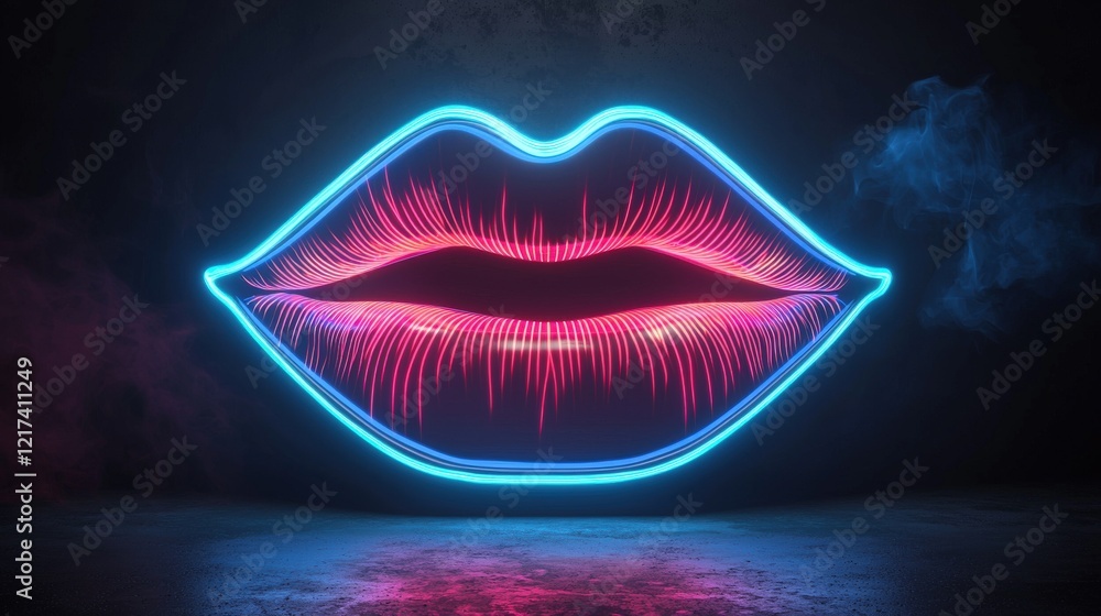 Poster neon lips with glowing colors illuminating dark background in artistic style suitable for modern des