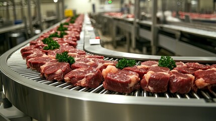 food safety concept. Conveyor belt with fresh meat cuts in a processing facility.