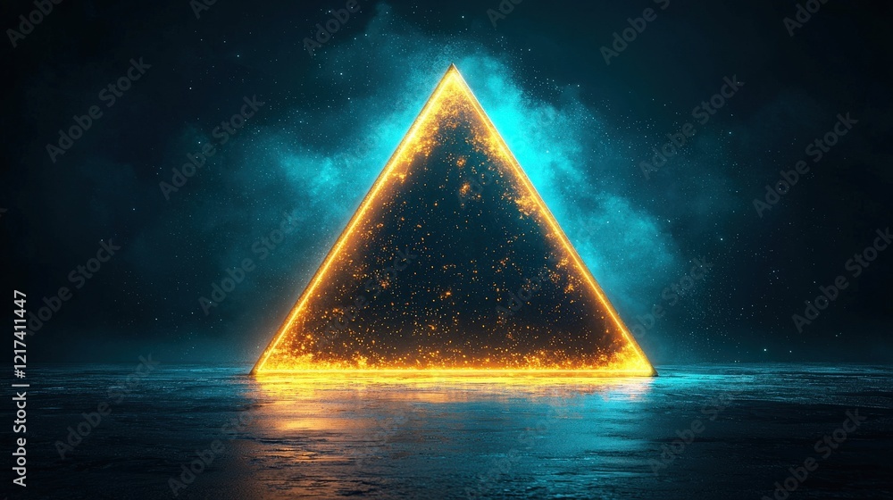 Poster glowing triangle in dark environment with atmospheric effects and bright sparks surrounding a vibran