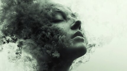 Artistic human face merging with abstract smog particles, symbolic representation of personal and environmental health.