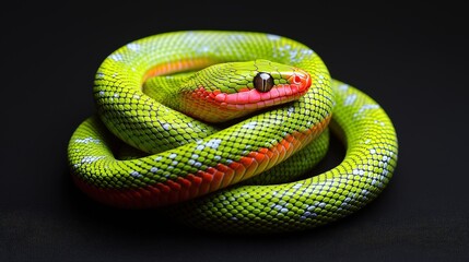 Obraz premium Vibrant Green Snake Coiled Elegantly on a Dark Background Showcasing Its Unique Texture and Striking Colors