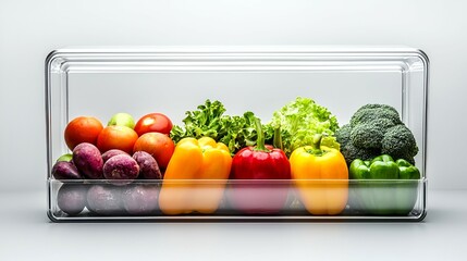 food safety concept. Fresh vegetables and fruits arranged in a glass container on a neutral background.