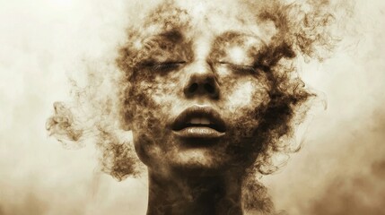 Fototapeta premium Artistic human face merging with abstract smog particles, symbolic representation of personal and environmental health.