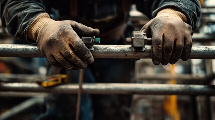Close-up of worker's hands assembling metal scaffolding.