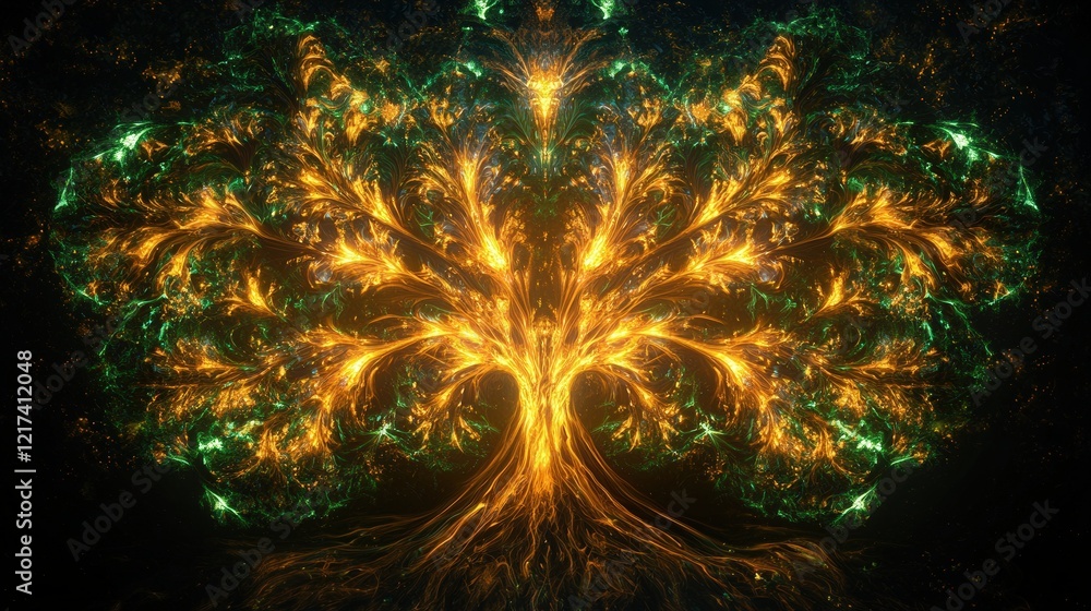 Poster vibrant abstract tree of life design featuring fiery orange and green fractal patterns in dark backg