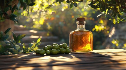 Olive oil bottle, olives, sunlit grove, packaging