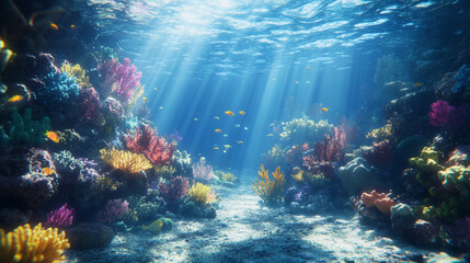 Fototapeta premium Underwater ocean scene of pink, purple coral reefs, swimming fish illuminated by sunlight streaming through the water surface. 