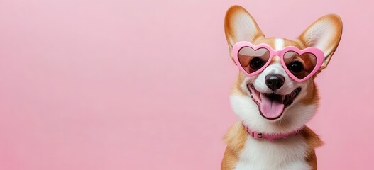 Adorable Corgi wearing pink heart-shaped sunglasses on a pastel pink background, radiating happiness and charm. Ideal for Valentine's Day promotions, pet-themed campaigns, and playful designs