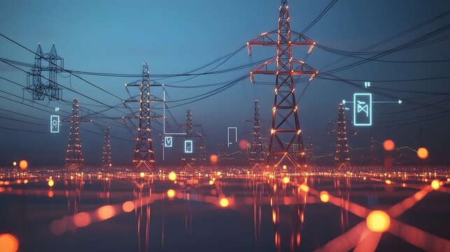 Detailed flow chart depicting the of a smart electricity grid system balancing renewable energy and storage capacities to ensure reliable power distribution at night