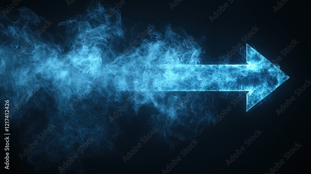Poster glowing blue arrow design with smoke effect on dark background for creative projects and visual effe