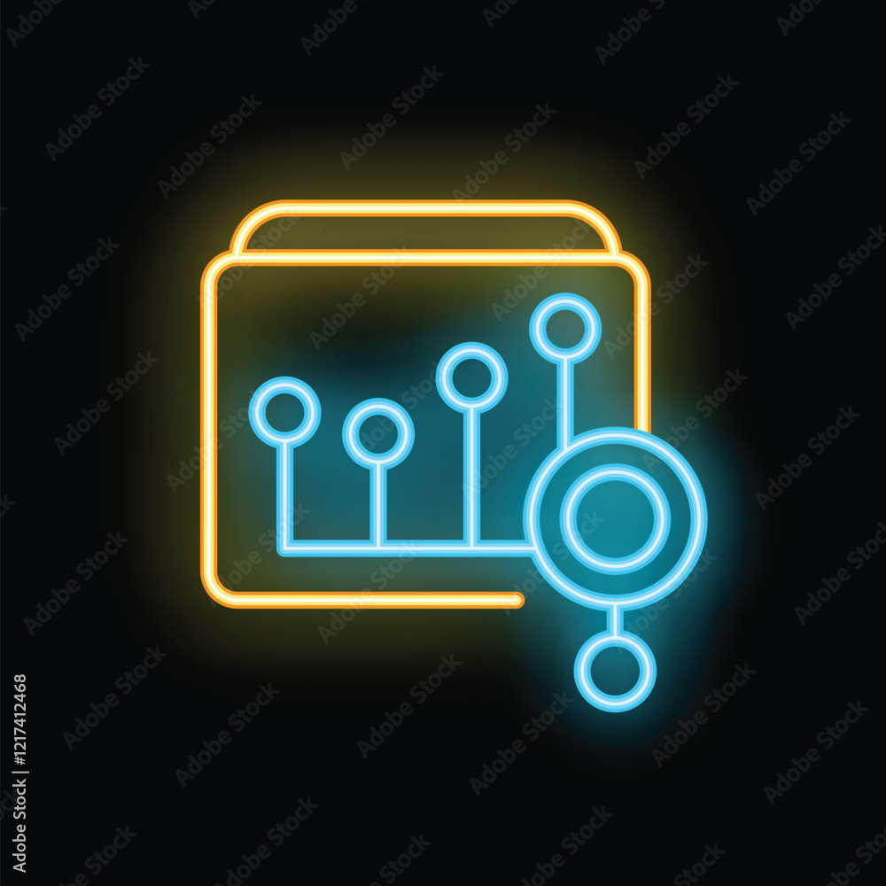 Poster neon icon glowing on a dark background representing analyzing data and finding connections
