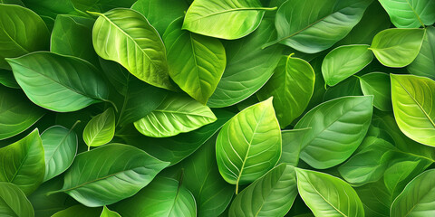 Lush green leaves create vibrant, seamless pattern, showcasing nature beauty and diversity. This rich foliage evokes sense of tranquility and freshness