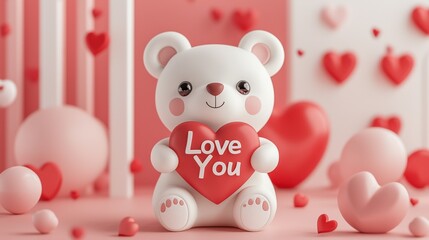 Obraz premium Cute teddy bear holding red heart with Love You text in charming, soft scene filled with pink hearts and balloons