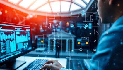 Person Analyzing Data on a Computer Screen with Network Diagrams Overlayed