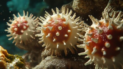 Fototapeta premium Close-Up View of Vibrant Marine Life Featuring Unique Sea Creatures with Spiky Textures in Underwater Environment