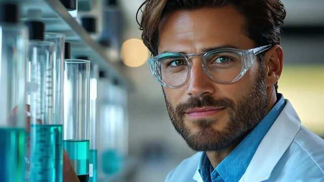 The Lab's Visionary: A confident scientist in a lab coat and clear glasses looks intently at the camera, a row of colorful test tubes behind him, his expression a blend of focus and inspiration.