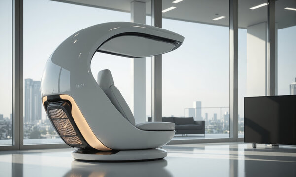 A futuristic lounge chair with a built-in cooling and heating system, offering a personalized climate for each user. The chair's seating position